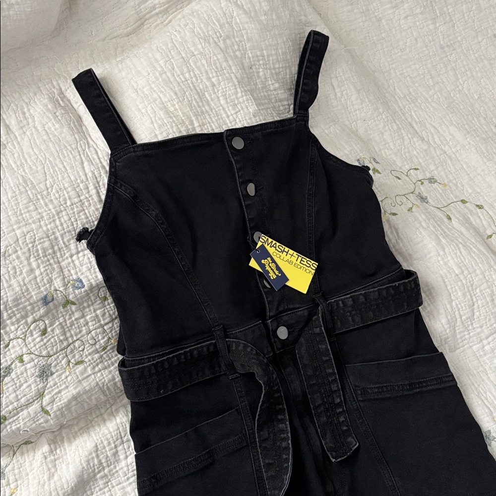 Smash + Tess x The Birds Papaya Dolly Romper NWT Black Denim Jumpsuit Tie Waist